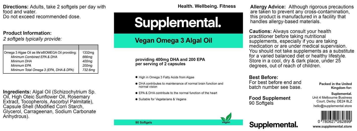Vegan Omega 3 Algal Oil - Supplemental